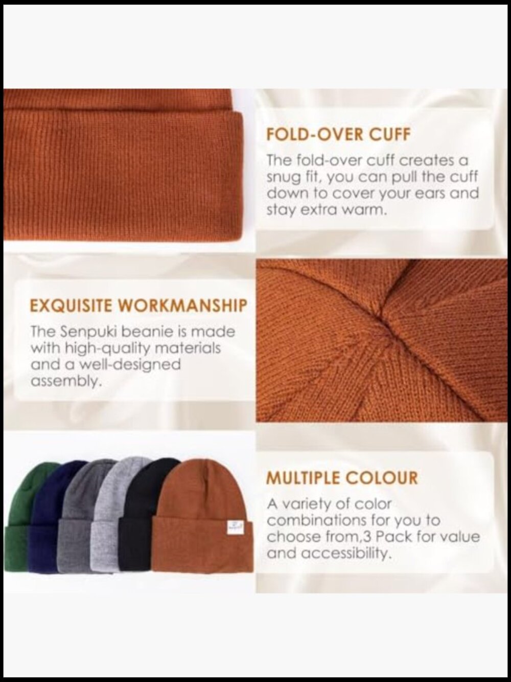 3 Pack Satin Lined Winter Beanie Hats Knit Soft Warm Cuffed Beanie for Women Men - Picture 5 of 7